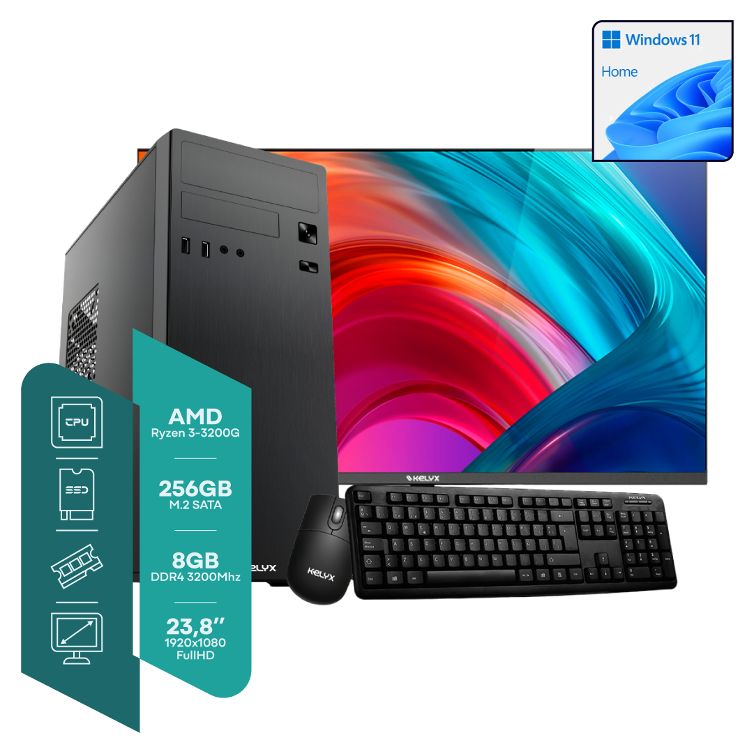 "Sist. Kelyx AMD Ryzen 3-3200G 8G M.2 256G Win 11H + Monitor 24""